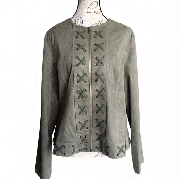 Adore Jackets & Blazers - ADORE Olive faux suede lace-up zip jacket grommet detail size XL